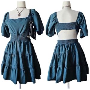Fairycore Forest Green Tiered Flowy Dress with an Open Back